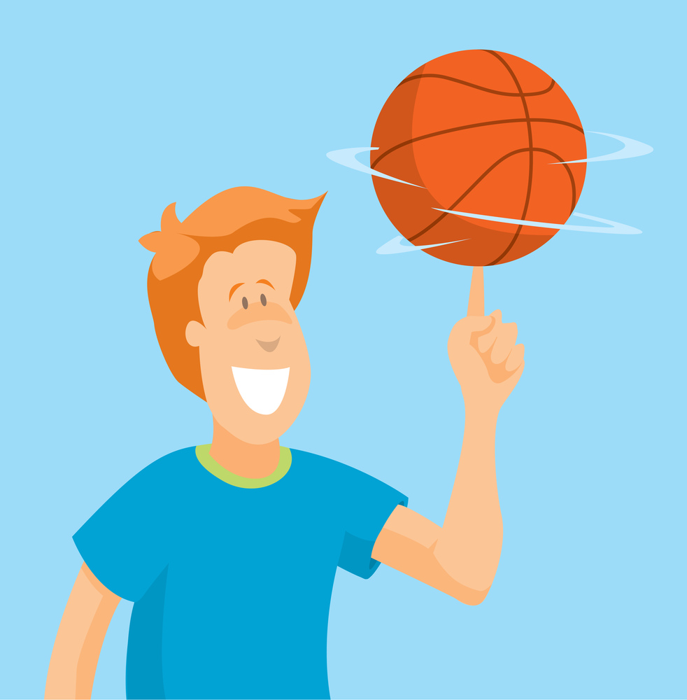 Cartoon man of confident player spinning basketball on his finger