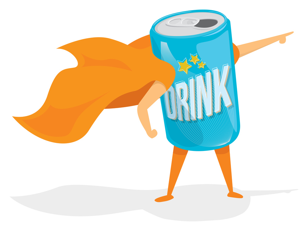 Cartoon illustration of super soda hero saving the day
