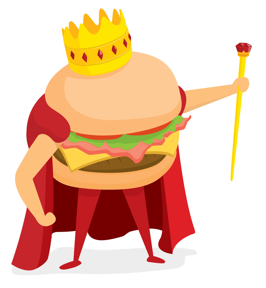 Cartoon illustration of hamburger or fast food king wearing a crown
