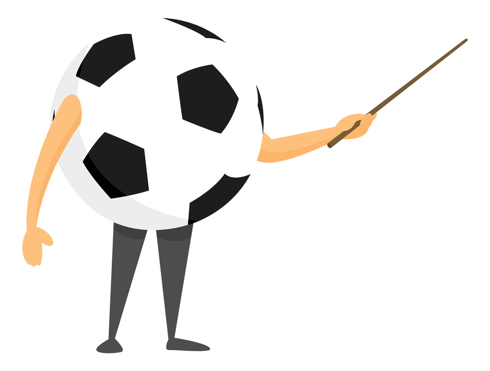 Cartoon illustration of football or soccer ball giving strategy and tactics