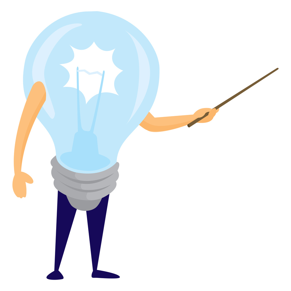 Cartoon illustration of light bulb idea teaching or performing a presentation