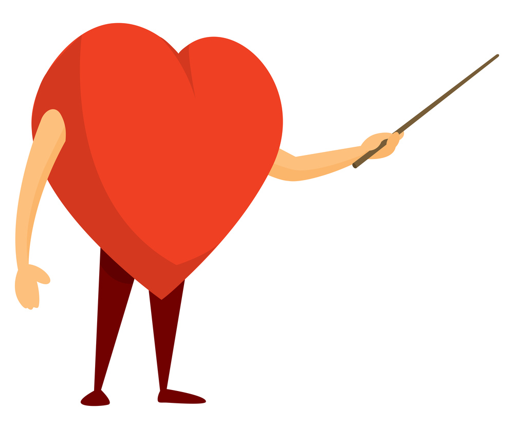 Cartoon illustration of human heart teaching or holding pointer in presentation