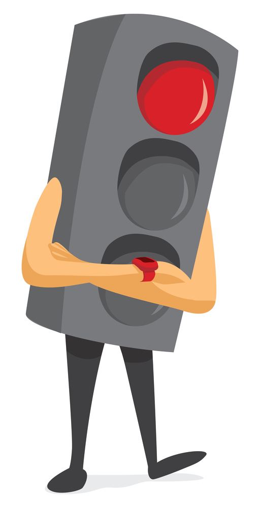 Cartoon illustration of traffic red light checking time on watch