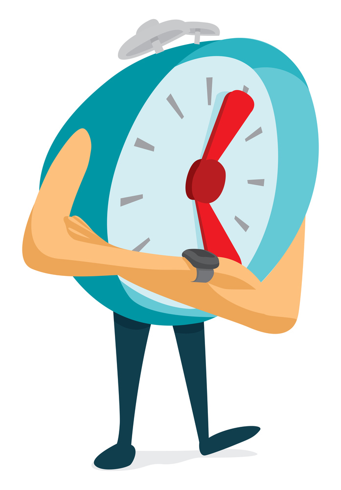 Cartoon illustration of nervous alarm clock checking time