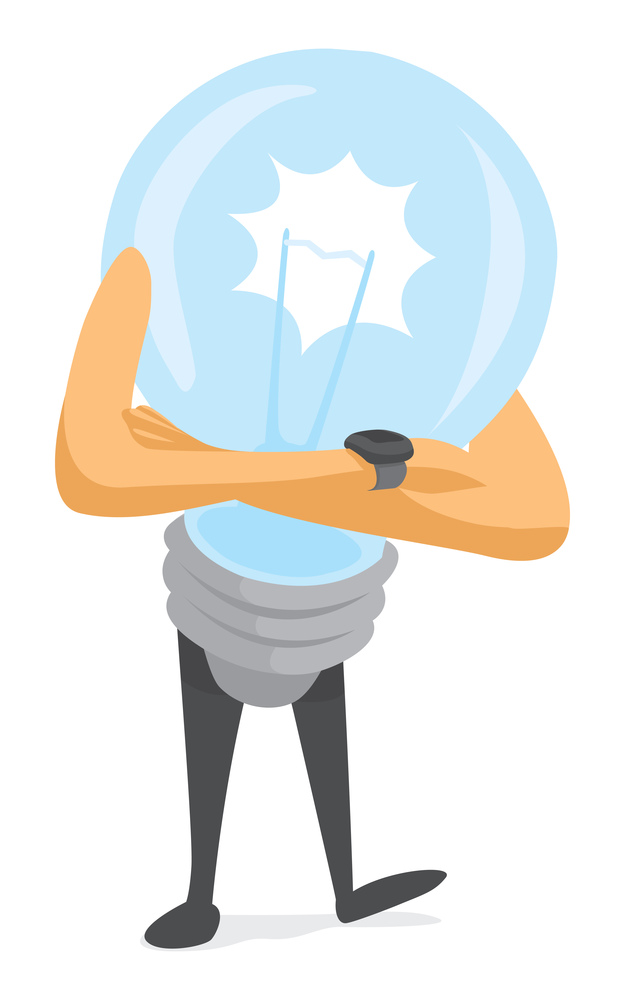 Cartoon illustration of nervous lightbulb waiting for big idea