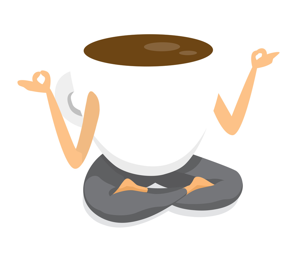 Cartoon illlustration of coffee cup practising yoga in lotus position