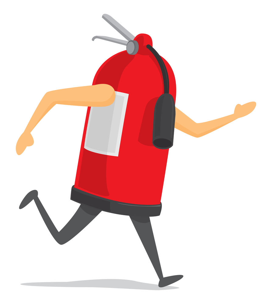 Cartoon illustration of fire extinguisher in an emergency