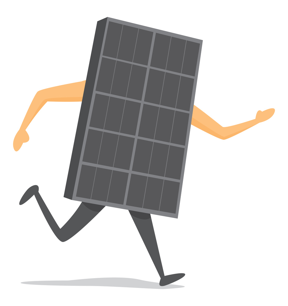 Cartoon illustration of solar panel on the run