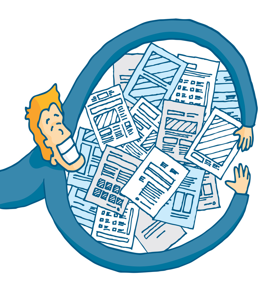 Cartoon illustration of happy man hugging a bunch of papers