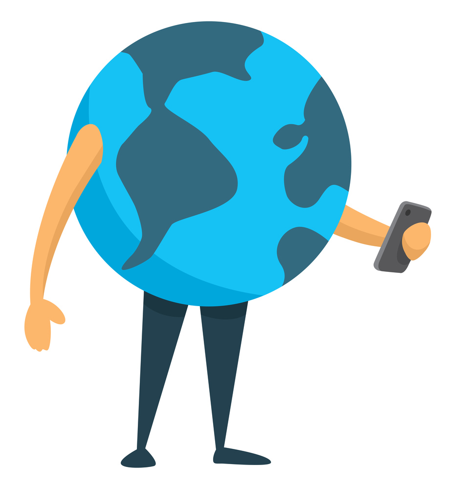 Cartoon illustration of planet earth using a mobile phone