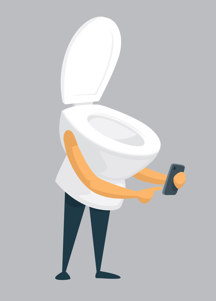 Cartoon illustration of toilet using a mobile phone