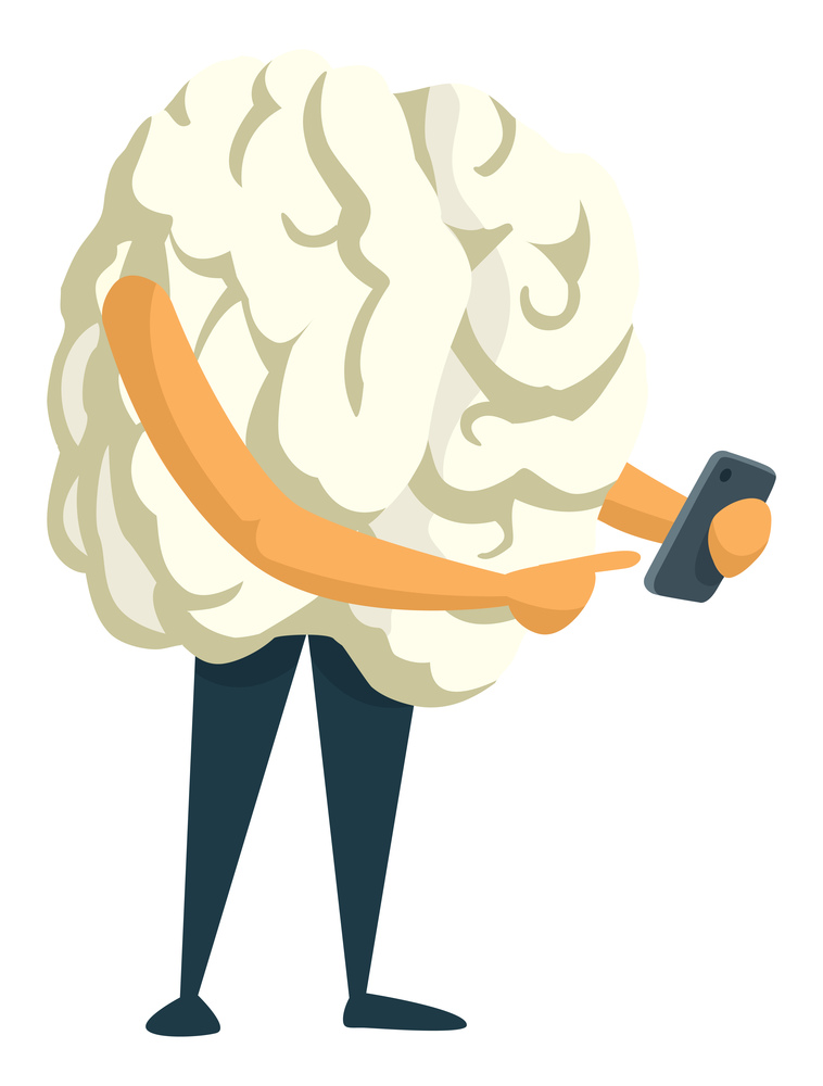 Cartoon illustration of brain using a mobile phone