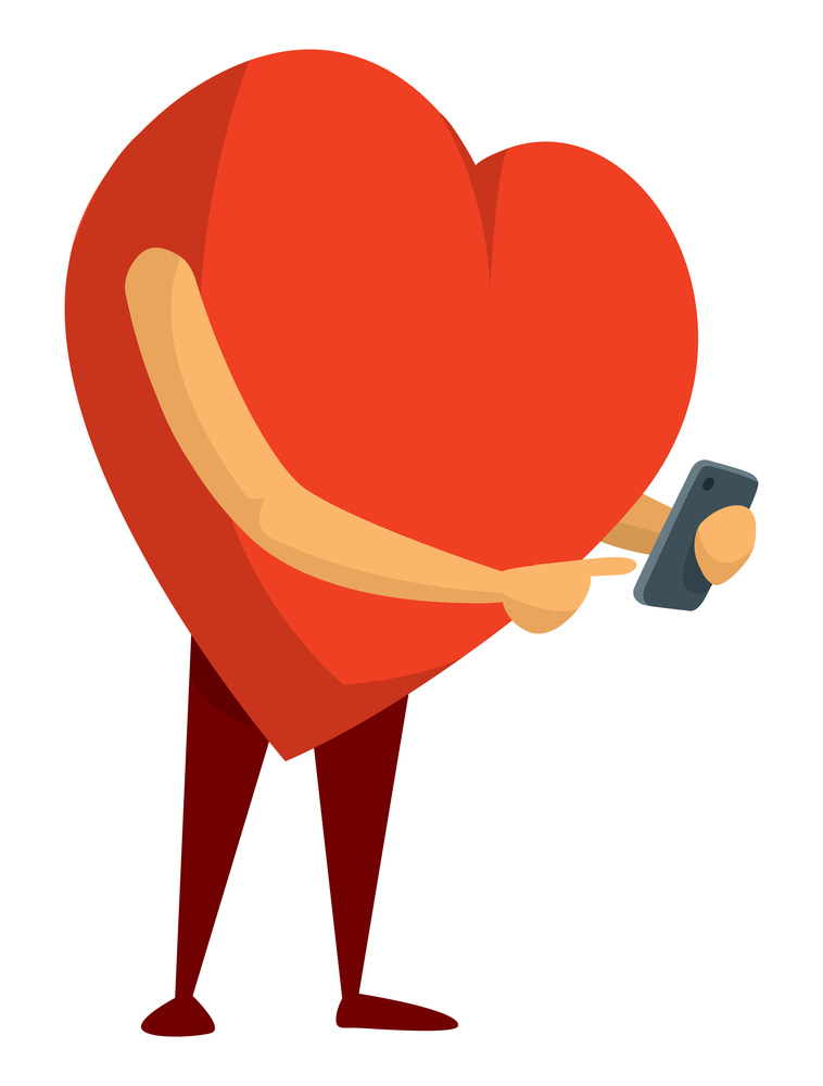 Cartoon illustration of red heart using a mobile phone