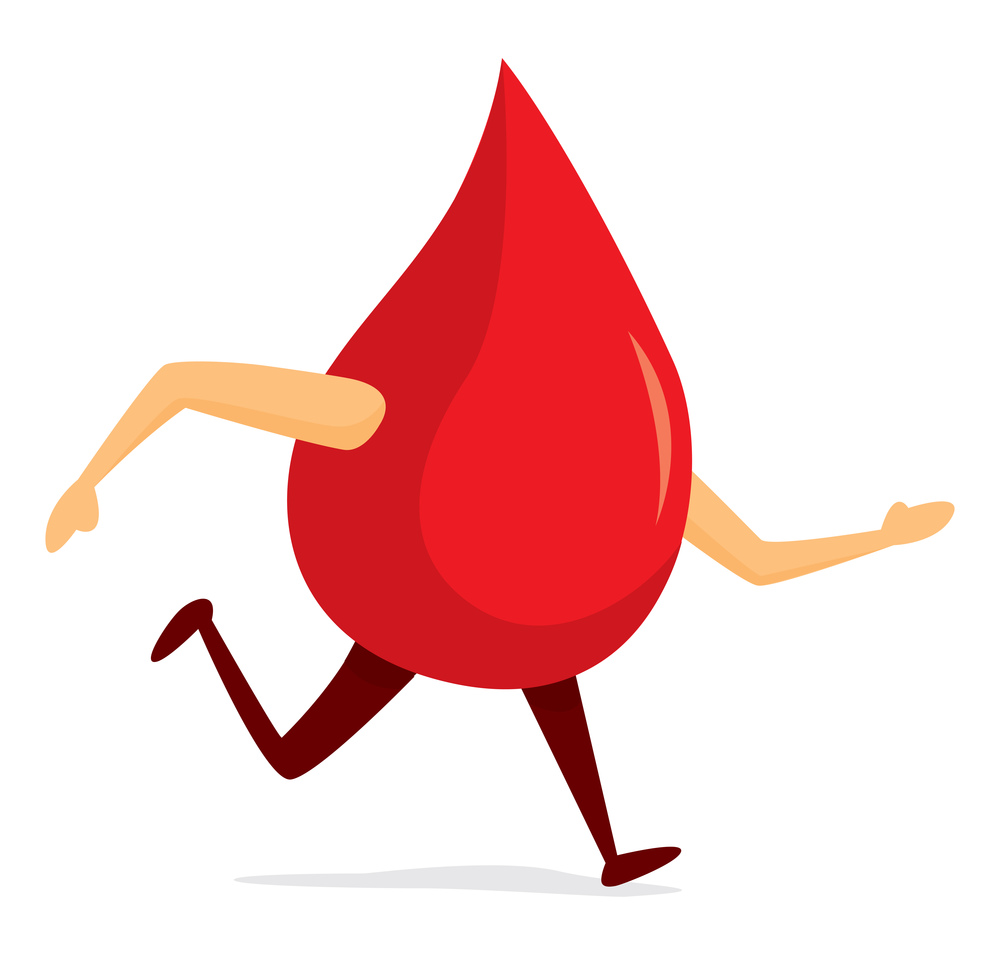 Cartoon illustration of blood drop on the run