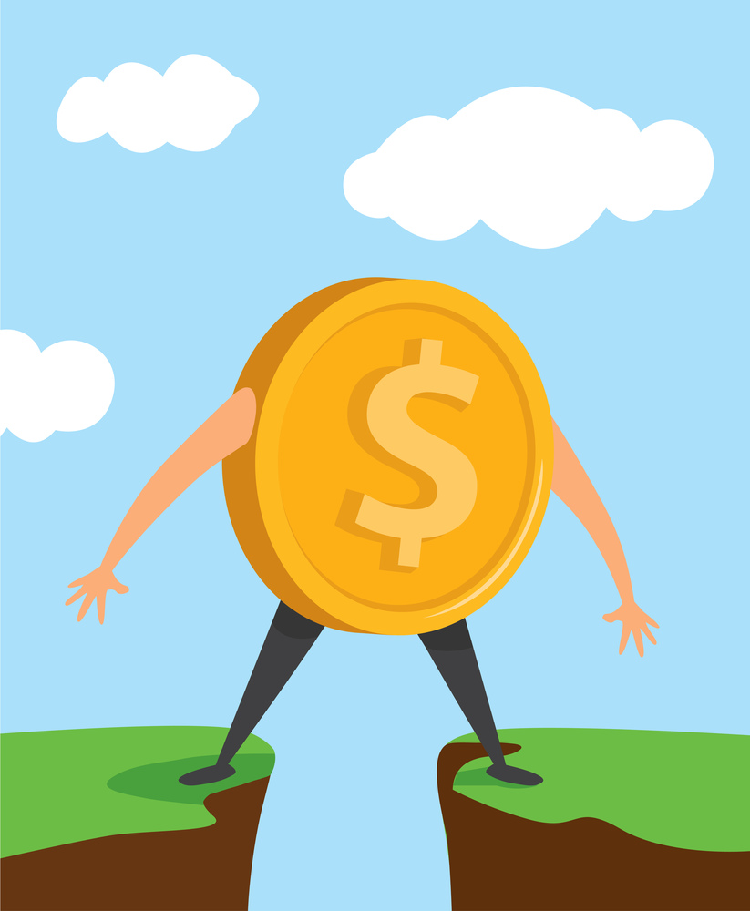 Cartoon illustration of dollar coin stuck in the middle