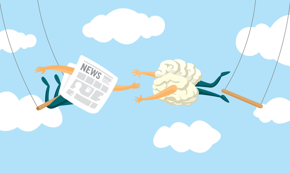 Cartoon illustration of brain and newspaper swinging on flying trapeze