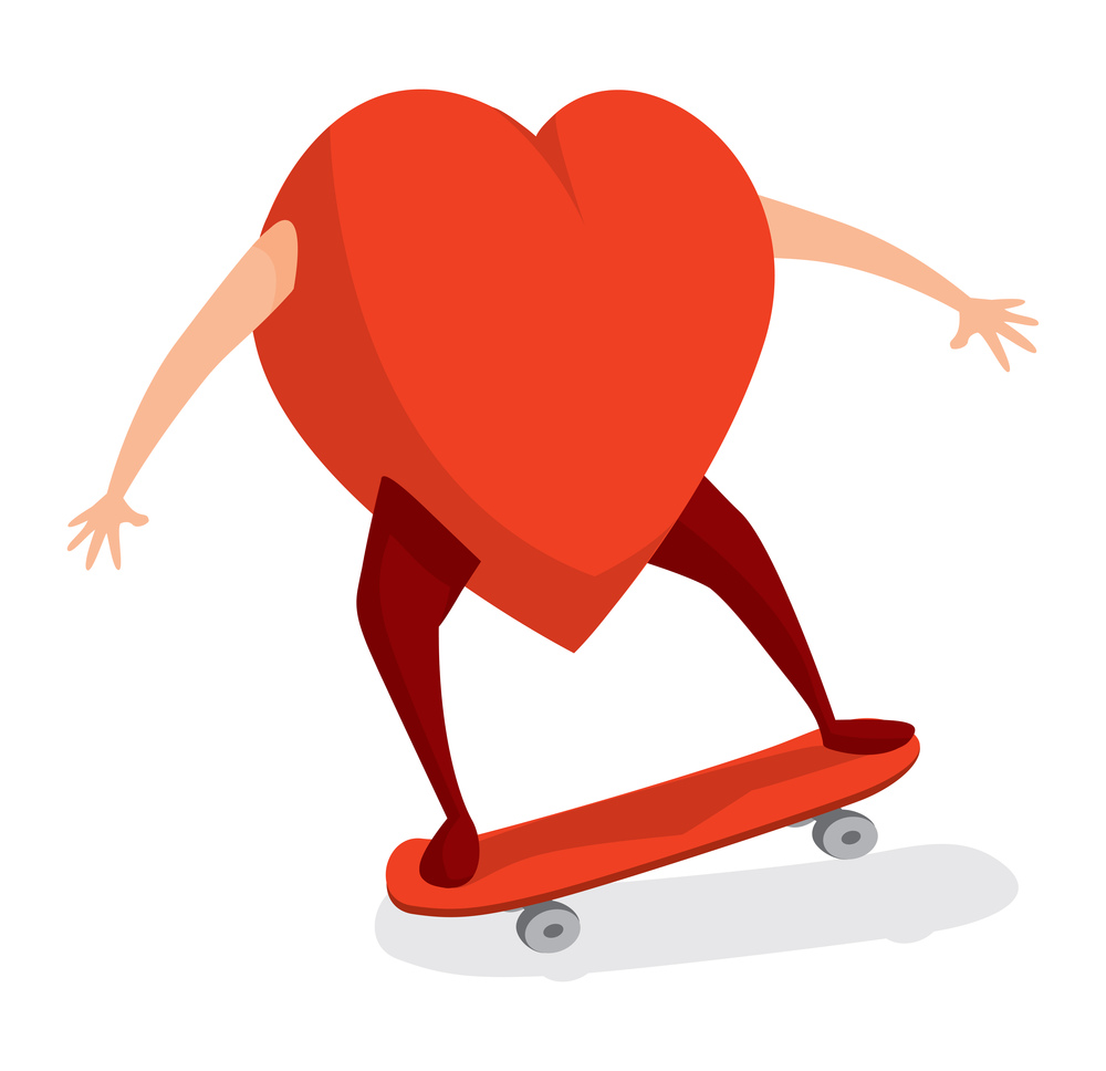 Cartoon illustration of human heart rolling on skateboard