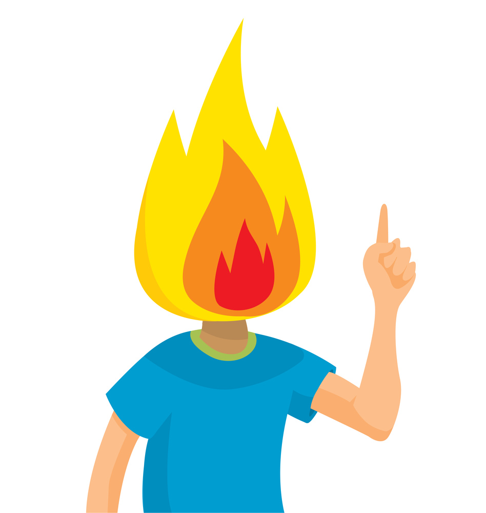 Cartoon illustration of burning head on fire