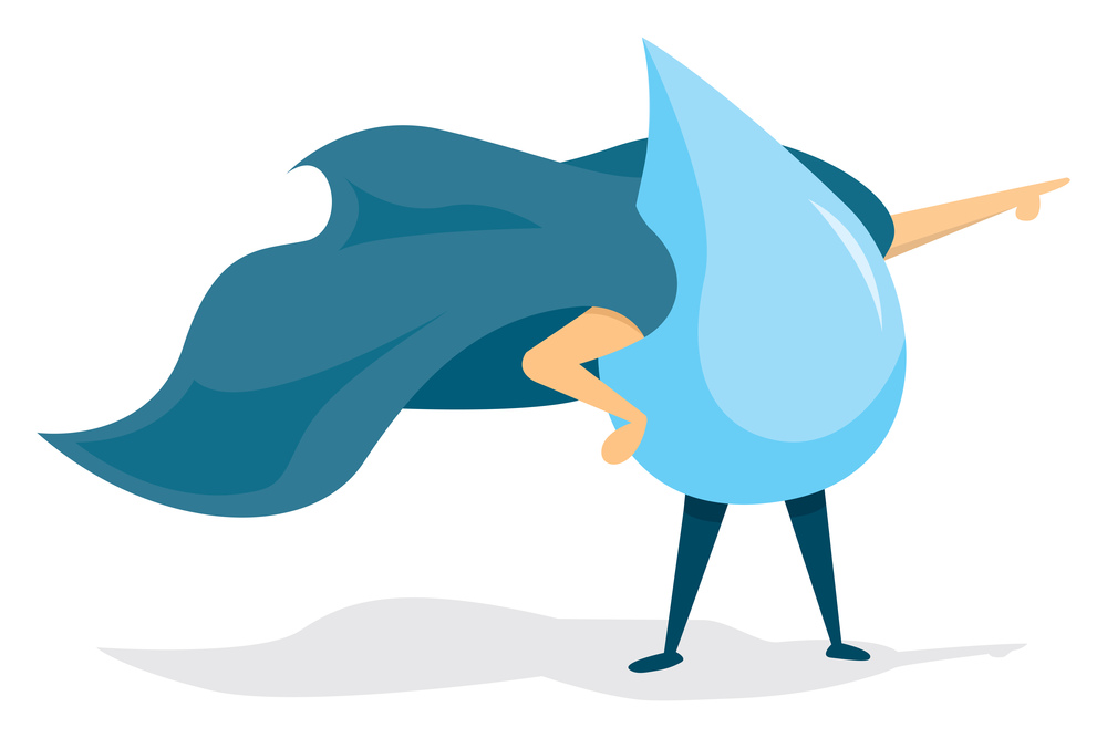 Cartoon illustration of water super hero saving the day
