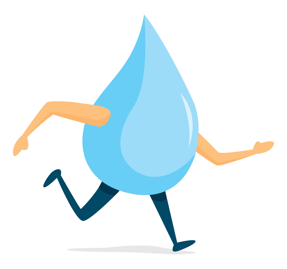 Cartoon illustration of water drop on the run