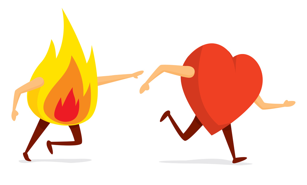 Cartoon illustration of funny fire chasing red heart