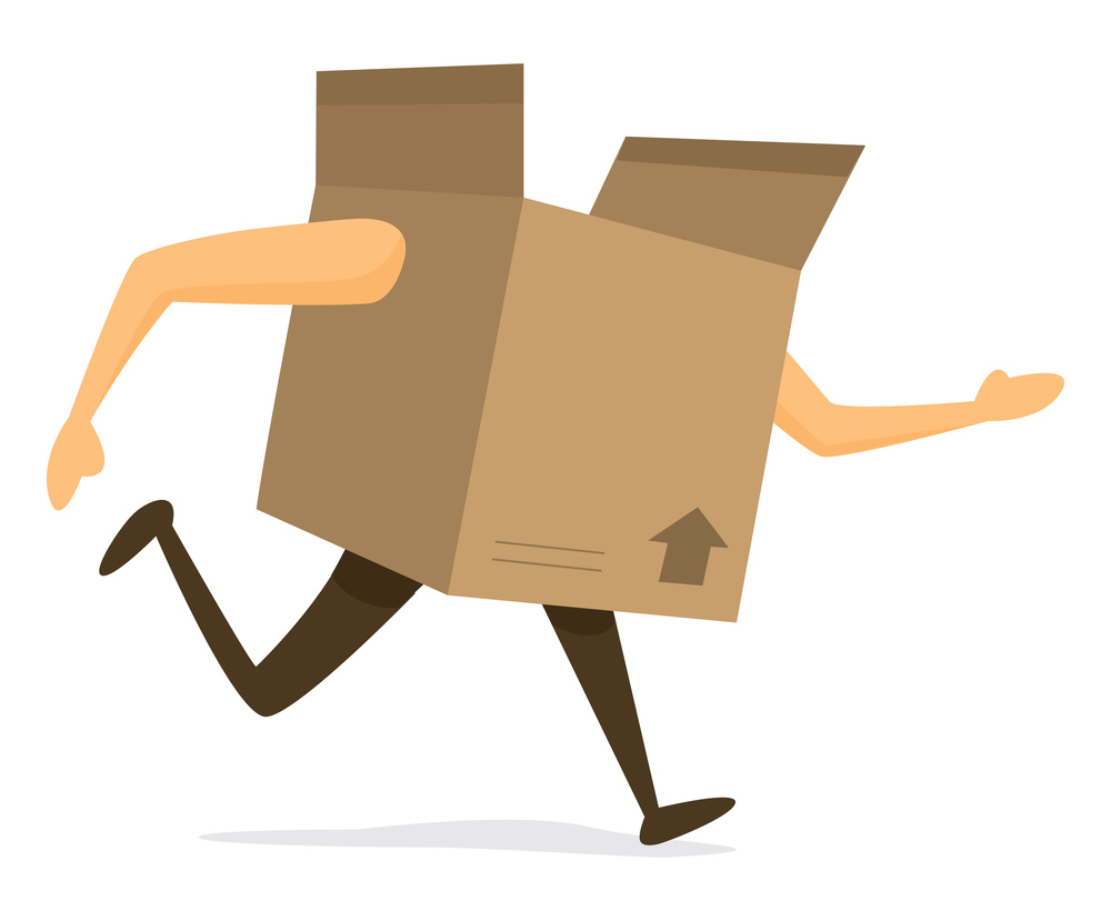 Cartoon illustration of cardboard box on the run