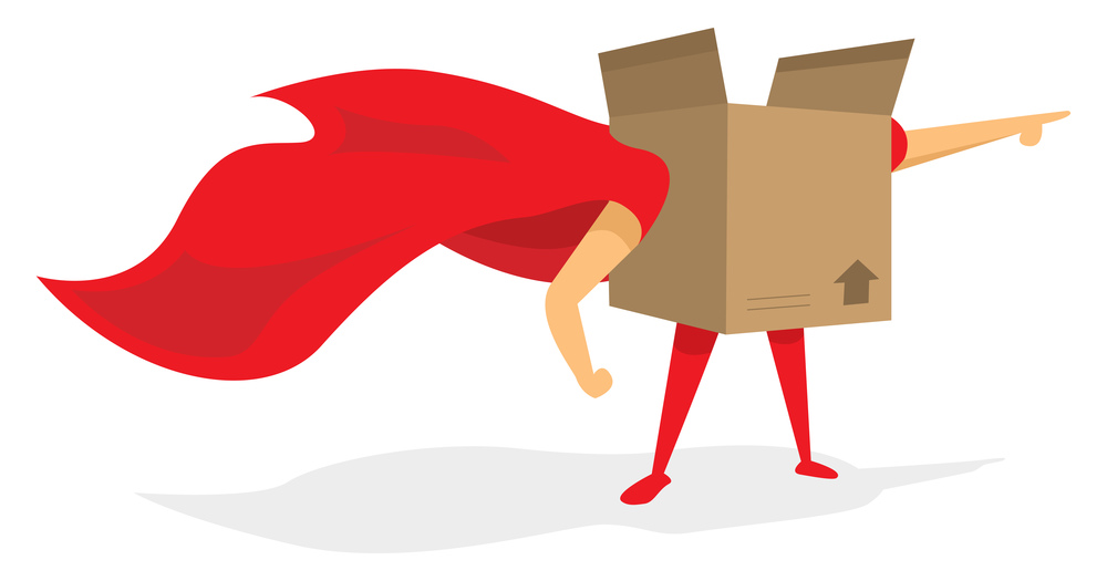 Cartoon illustration of moving super hero or box saving the day