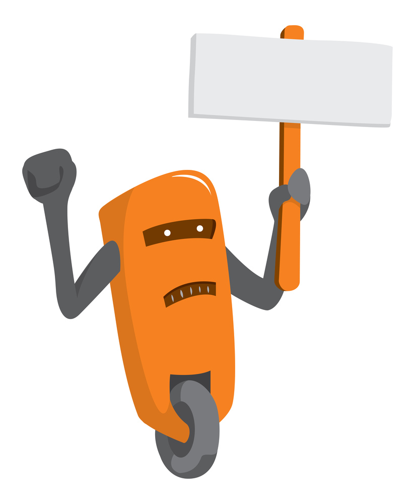Cartoon illustration of funny robot protesting with sign