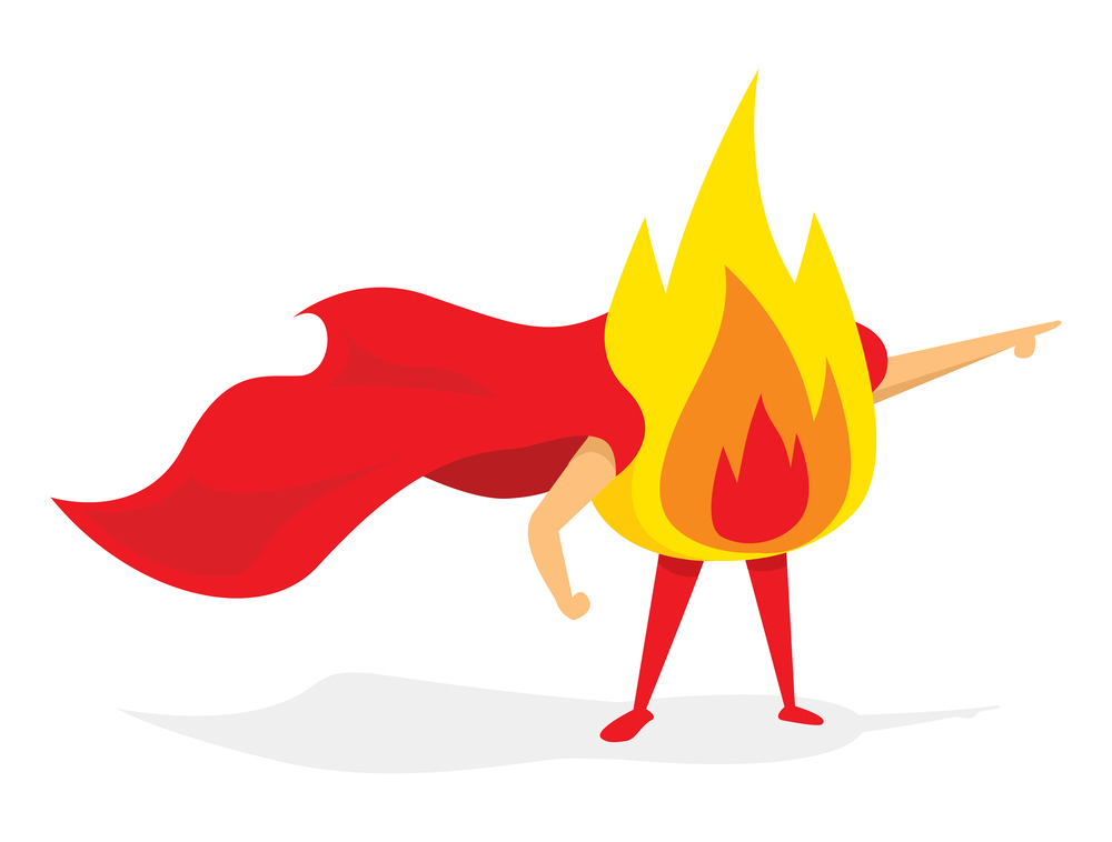 Cartoon illustration of fire super hero saving the day