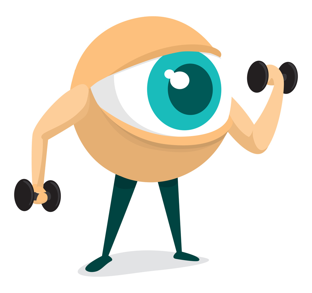 Cartoon illustration of eye lifiting weights training