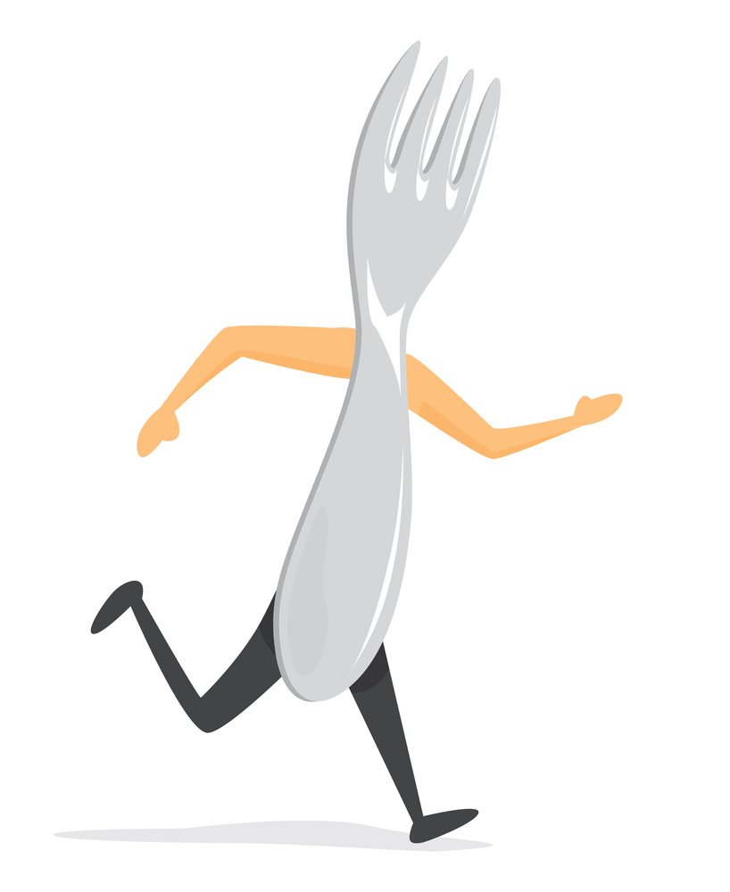 Cartoon illustration of silver fork on the run