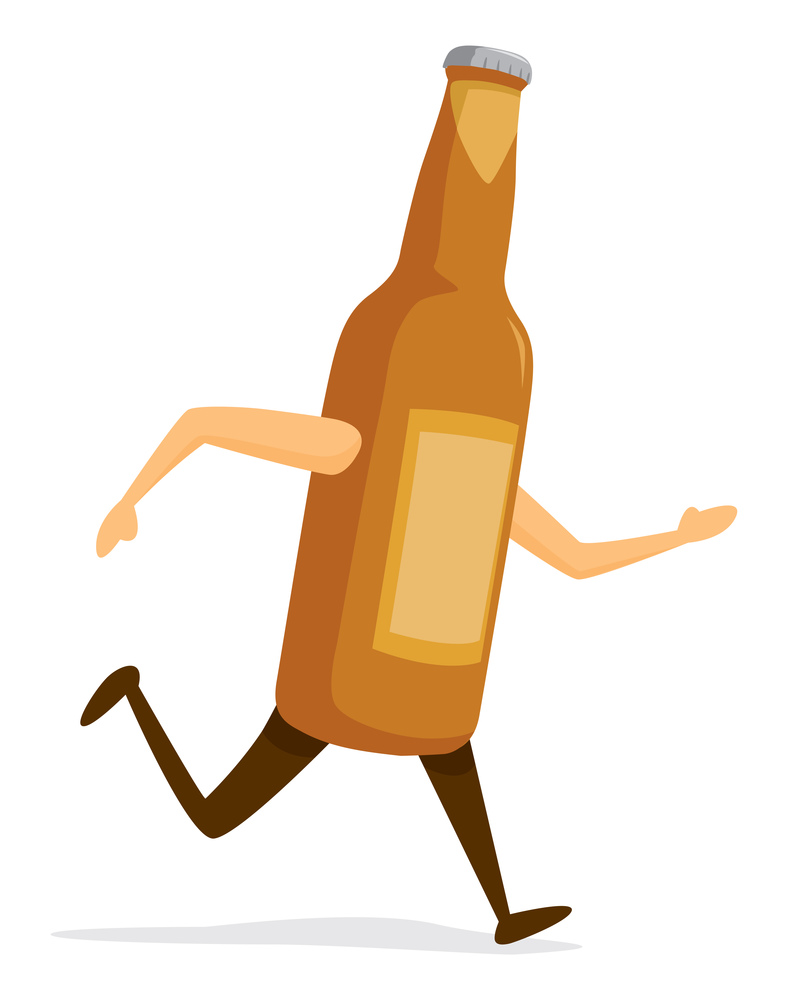 Cartoon illustration of beer bottle on the run