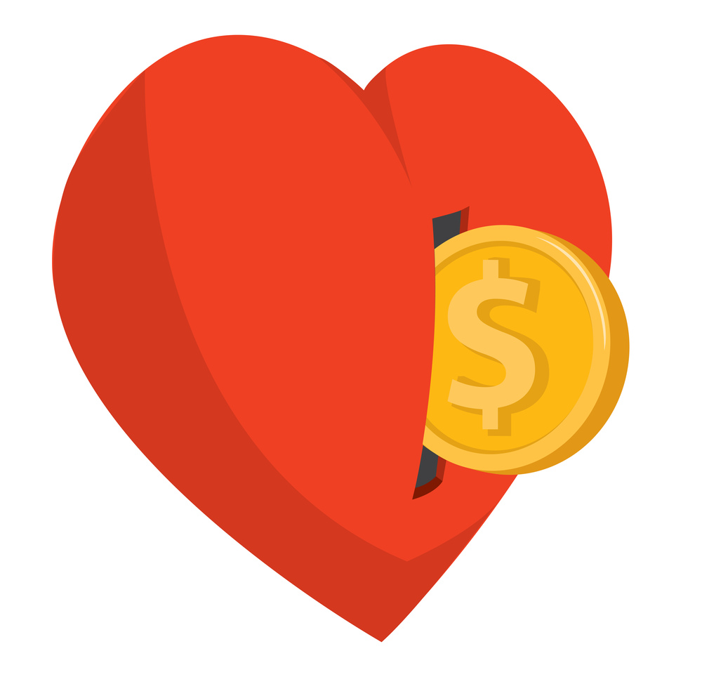 Cartoon illustration of money entering red heart