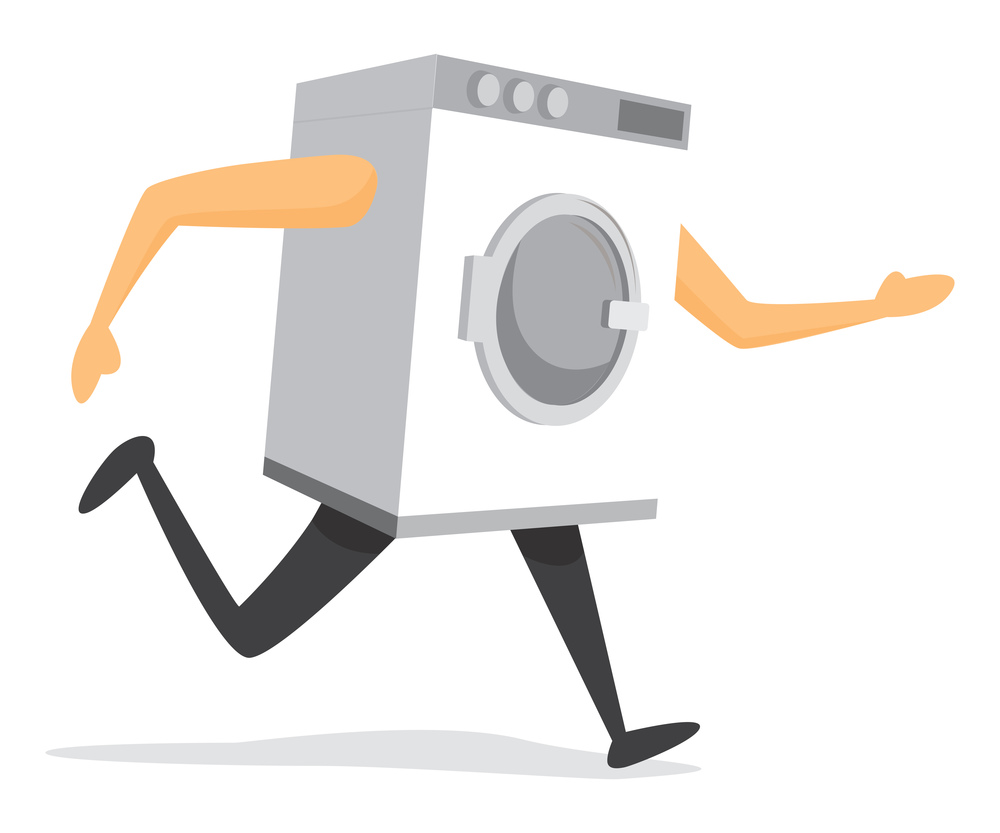 Cartoon illustration of washing machine on the run