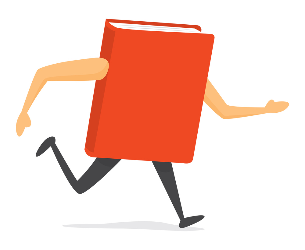 Cartoon illustration of red book running or in a hurry