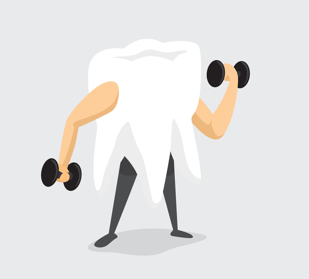 Cartoon illustration of strong tooth lifting weights