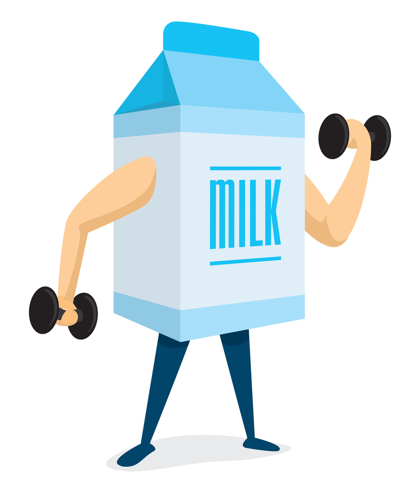 Cartoon illustration of milk carton lifting weights