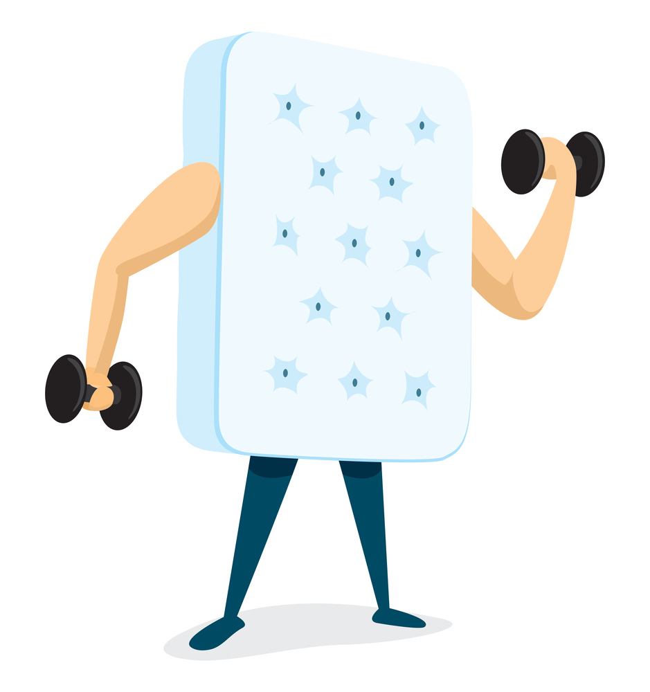 Cartoon illustration of strong mattress lifting weights