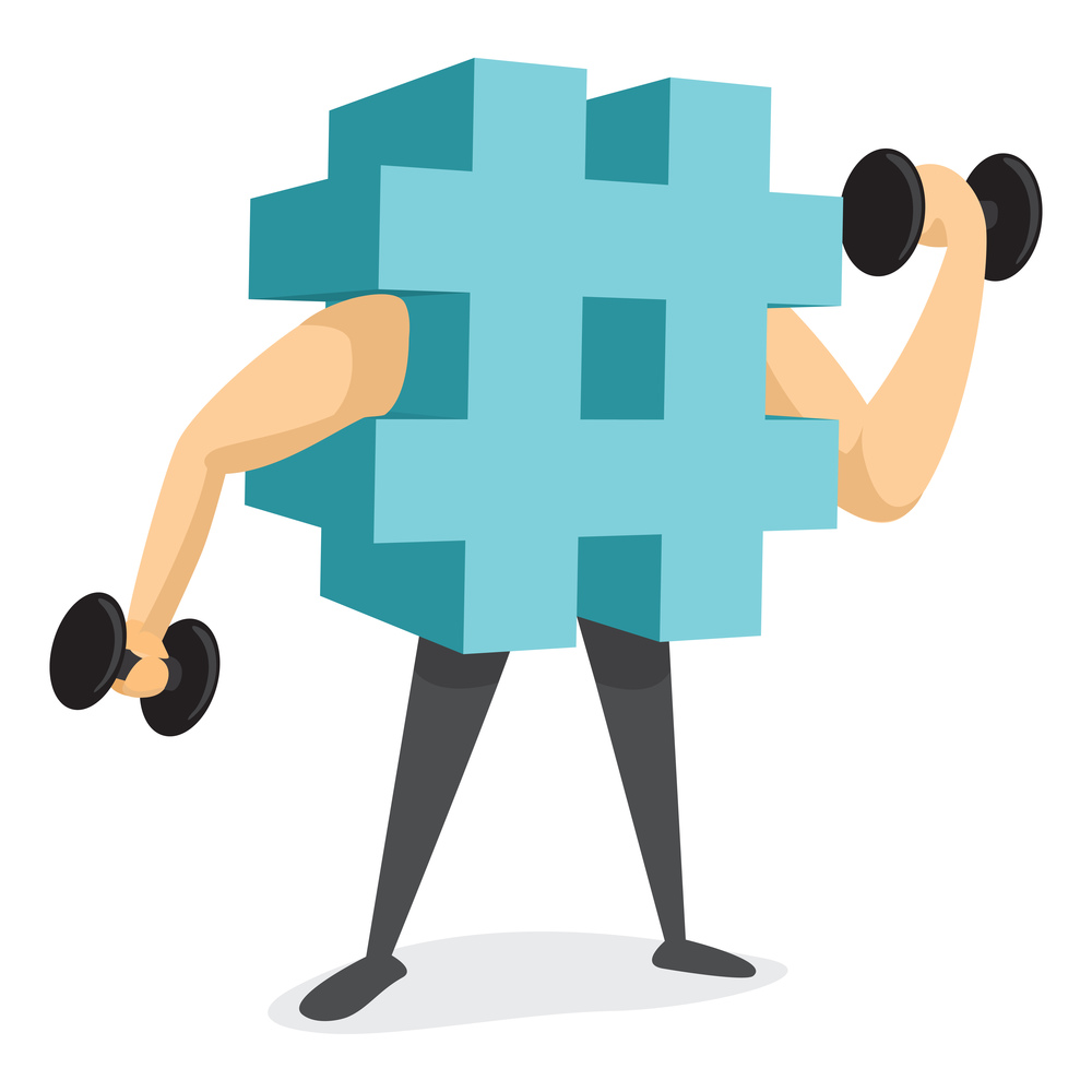 Cartoon illustration of hashtag trending or working out