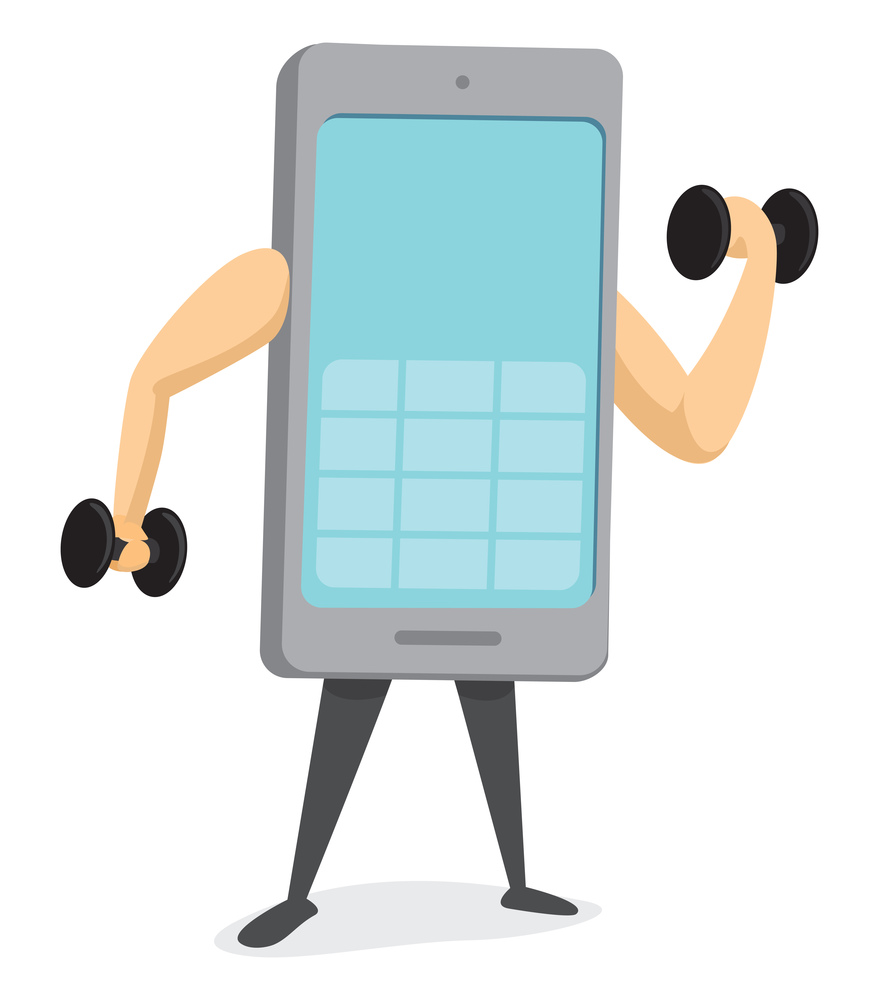 Cartoon illustration of mobile phone getting stronger by training