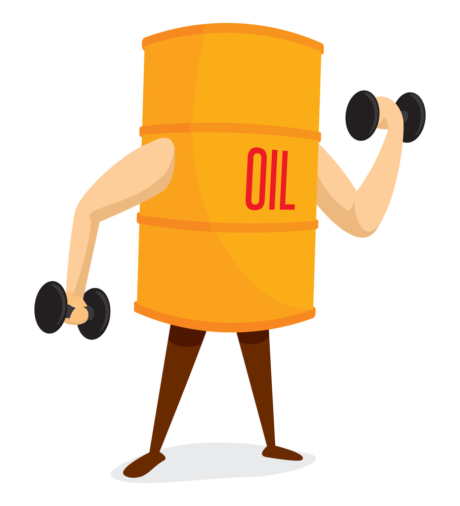 Cartoon illustration of oil drum working out lifting weights