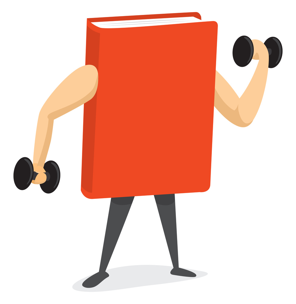 Cartoon illustration of strong book lifting weights