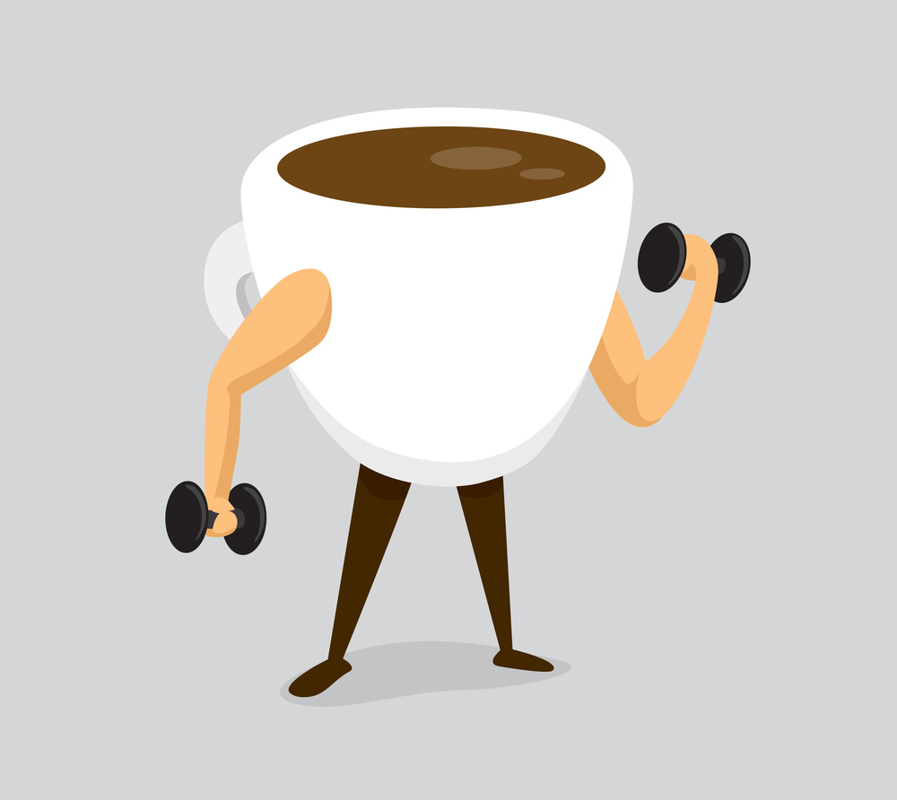 Cartoon illustration of strong coffee working out