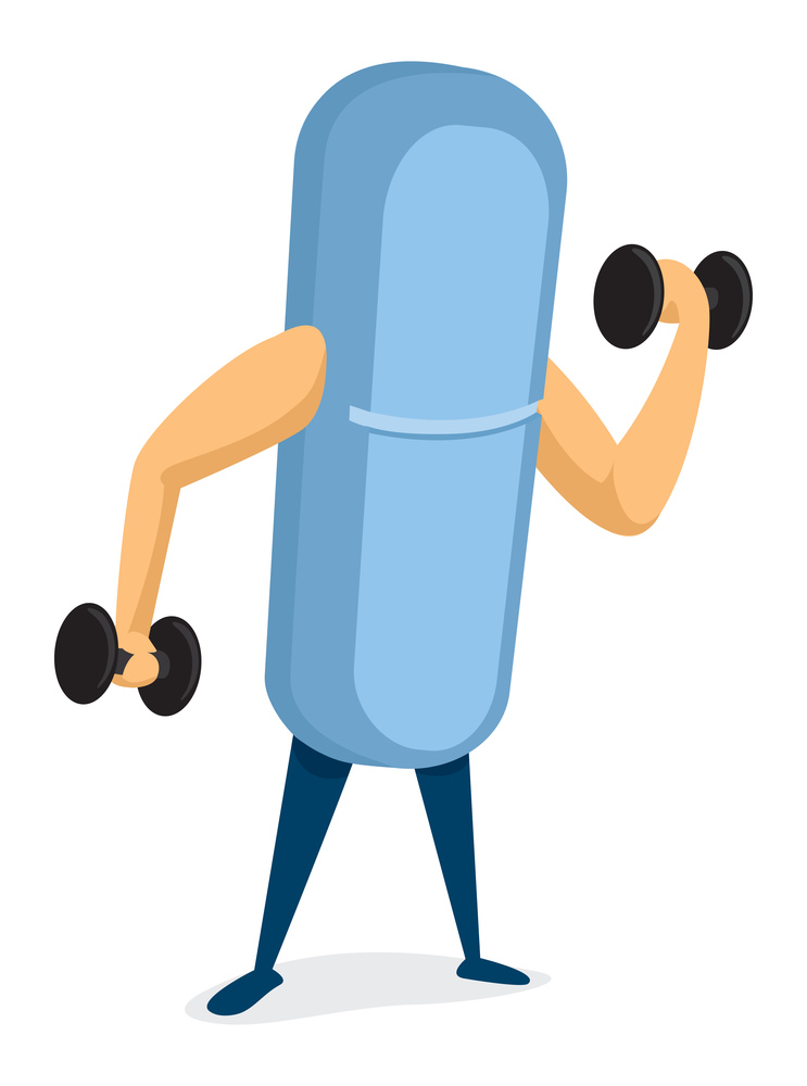 Cartoon illustration of strong medicine working out