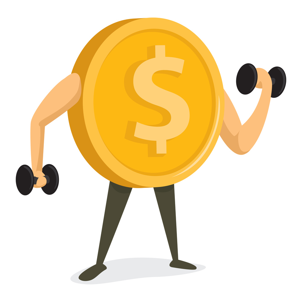 Cartoon illustration of coin working out or strong currency