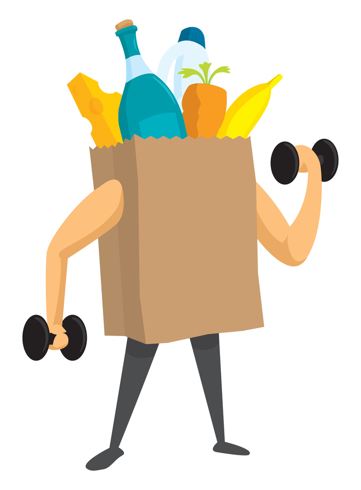 Cartoon illustration of groceries training with weights