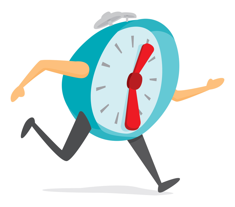 Cartoon illustration of alarm clock ball running late