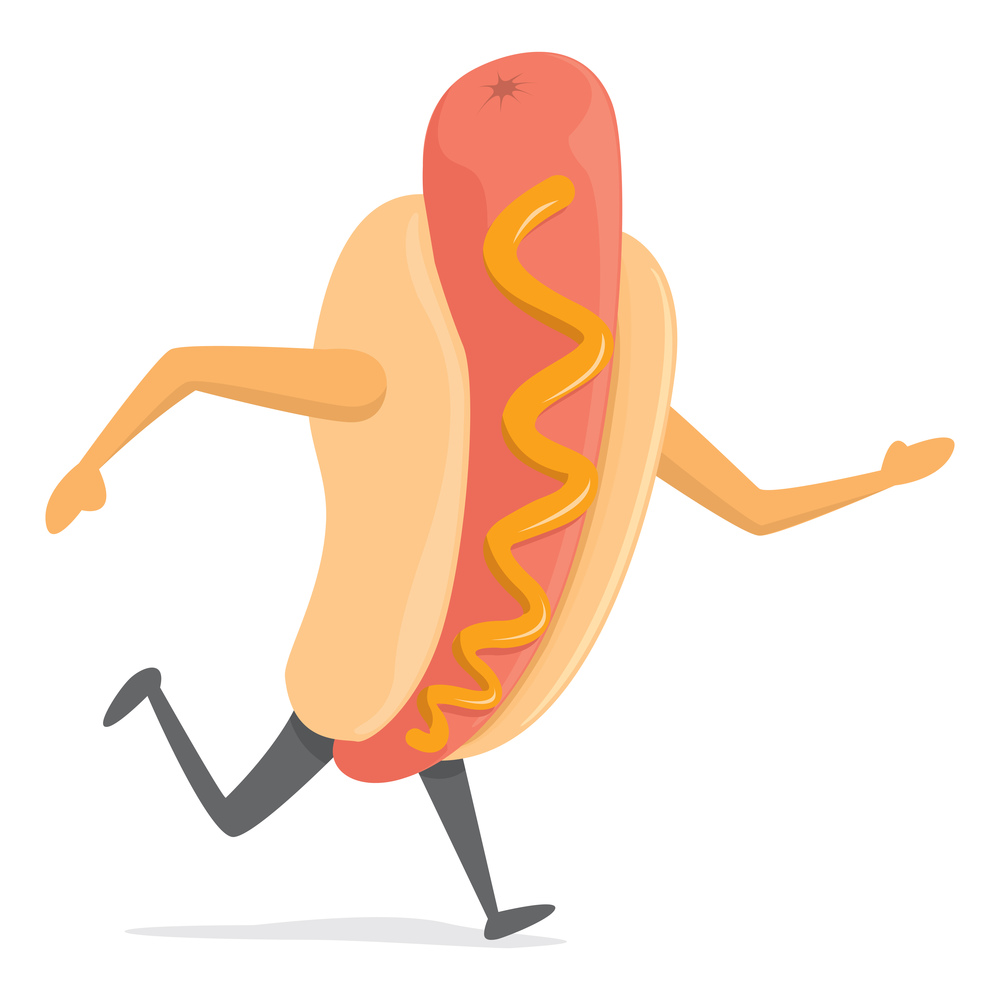 Cartoon illustration of hot dog on the run