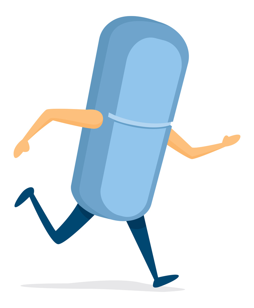Cartoon illustration of blue pill medicine on the run