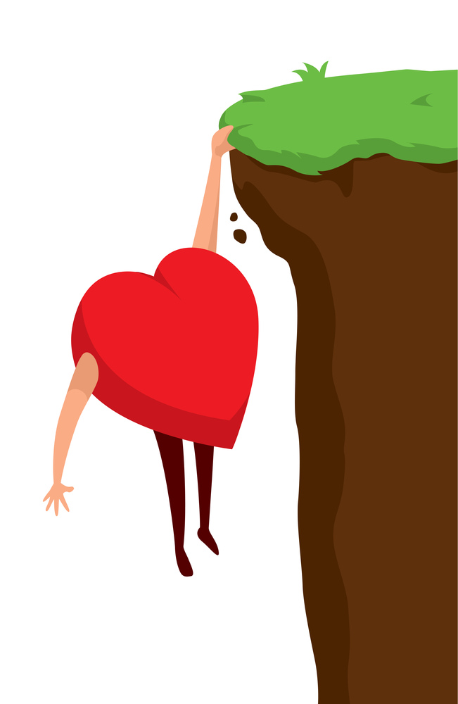 Cartoon illustration of heart about to fall from cliff